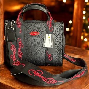 Ed Hardy Black Embossed Shoulder Bag With Guitar Strap